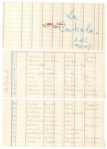 Documento originale, autentico 1952 LA CABALA  Numeri lotto Sogni  Schede manoscritte CURIOSO 1