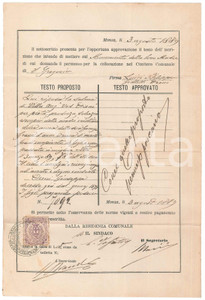Documento originale, autentico 1889 MONZA Cimitero S. Gregorio  Testo per monumento ad Angela VILLA 1
