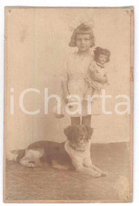 Fotografia d epoca originale 1900 ca ITALIA Ritratto di bambina con bambola e cane  Fotografia 9x14 cm 1