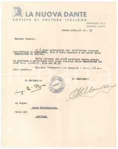 Manoscritto, lettera originale 1938 BUENOS AIRES   SocietÃ  LA NUOVA DANTE  Nomina Leone SANT AGOSTINO 1