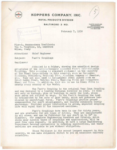 Materiale pubblicitario d’epoca 1950 BALTIMORE MD, USA KOPPERS Company  Letter fast s couplings 1