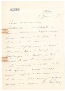 Autografo originale 1952 MILANO  SISMA  Lettera direttore ing. BADINO per ringraziamento AUTOGRAFO 1