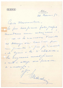 Autografo originale 1952 MILANO  SISMA  Lettera direttore ing. BADINO per invito AUTOGRAFO 1