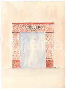 Stampa, bozzetto originale 1934 PESARO Piazza Lazzarini 11  Macelleria RICCI  Bozzetto vetrina 22x30 1