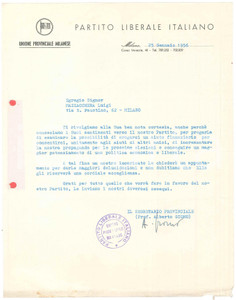 Autografo originale 1956 MILANO PARTITO LIBERALE Lettera Alberto GIOMO per contributo AUTOGRAFO 1