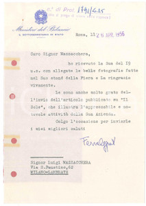 Autografo originale 1956 ROMA Lettera Mario FERRARI AGGRADI  Sottosegretario al Bilancio Autografo 1