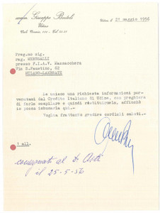 Autografo originale 1956 UDINE Comm. Giuseppe BERTOLI  Lettera per informazioni AUTOGRAFO 1