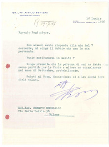 Autografo originale 1956 ROMA Gr. Uff. Attilio BENIGNI Cavaliere del Lavoro  Lettera AUTOGRAFO 1