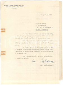 Autografo originale 1952 SESTO SAN GIOVANNI Lettera Mario SIGNORA  Acciaierie FALCK AUTOGRAFO 1