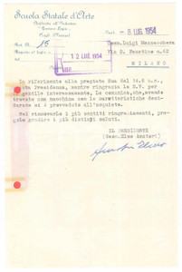 Autografo originale 1954 CAGLI PU Scuola d arte LAPIS  Lettera Elmo AMATORI presidente Autografo 1