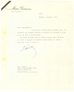 Autografo originale 1953 MILANO Lettera dott. Mario DARMON a un amico  Autografo 1
