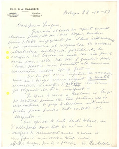 Autografo originale 1953 BOLOGNA Lettera dott. G. A. Calabresi per disegni  Autografo 1
