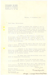 Manoscritto, lettera originale 1953 MILANO  Ristorante GIANNINO  Lettera Cesare BINDI per vino Autografo 1