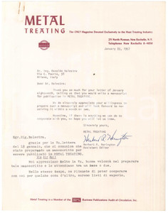 Manoscritto, lettera originale 1957 NEW ROCHELLE METAL TREATING Magazine Letter Herbert R. HERINGTON 1