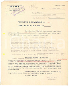 Documento originale, autentico 1940 MILANO SocietÃ  Anonima FIMI  Preventivo riparazione apparecchio 1