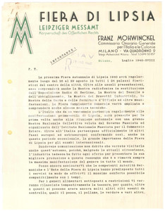 Manoscritto, lettera originale 1940 FIERA DI LIPSIA  Franz MOHWINCKEL  Lettera pubblicitaria 1