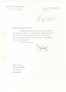 Manoscritto, lettera originale 1955 MILANO  Acciai PHONIX  Lettera ing. Giulio BRIOSCHI per auguri Autografo 1