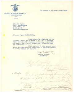 Manoscritto, lettera originale 1940 SANTA MARGHERITA LIGURE Grande Albergo Imperiale Lettera per assegno 1