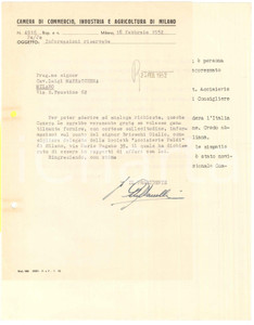 Manoscritto, lettera originale 1952 MILANO Camera di Commercio  Lettera per informazioni riservate 1