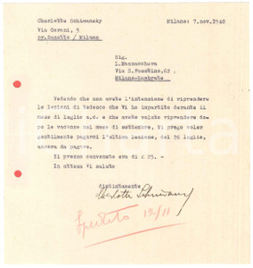 Autografo originale 1940 MILANO Lettera Charlotte SCHIMANSKY per saldo lezioni di tedesco Autografo 1