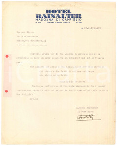 Manoscritto, lettera originale 1938 MADONNA DI CAMPIGLIO Albergo RAINALTER   Lettera prenotazione stanze 1