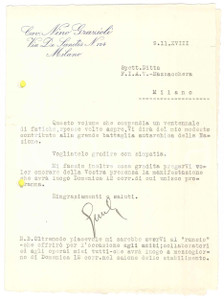 Autografo originale 1938 MILANO Lettera Nino GRAZIOLI Industrie Meccaniche  Ventennale Autografo 1