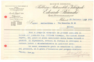 Documento originale, autentico 1938 MILANO Edoardo BIANCHI Fabbrica Automobili Velocipedi  Lettera pro operaio 1