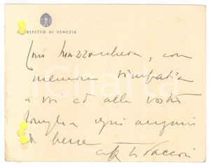 Autografo originale 1940 ca VENEZIA Prefetto Marcello VACCARI  Biglietto di auguri AUTOGRAFO 1