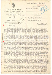 Documento originale, autentico 1939 CAGLI R. Scuola Arte Applicata  Direttore Mario PAIONCINI chiede aiuto 1