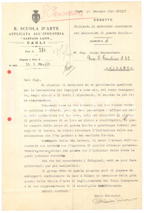 Documento originale, autentico 1940 CAGLI R. Scuola Arte Applicata Lettera Mario PAIONCINI per materiali 1
