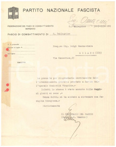 Documento originale, autentico 1938 PNF S. PELLEGRINO Lettera Gian Maria OMACINI su aiuto a operaio Autografo 1