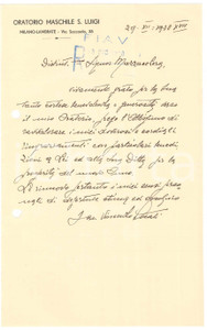 Autografo originale 1938 MILANO LAMBRATE Don Vincenzo LOCATI ringrazia benefattore Autografo 1