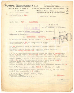 Documento originale, autentico 1955 MILANO Via Paisiello  POMPE GABBIONETA  Preventivo elettropompa 1