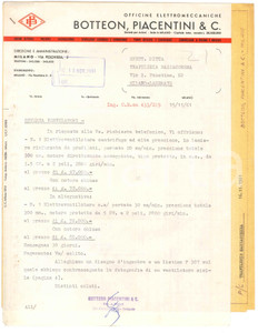 Documento originale, autentico 1961 MILANO  BOTTEON PIACENTINI Officine elettromeccaniche  Preventivo 1