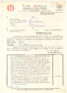 Documento originale, autentico 1956 MILANO Tito USUELLI Preventivo ventilatore a FIAV di MAZZACCHERA  LAMBRATE 1