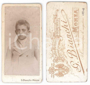 Fotografia d epoca originale 1890 ca MONZA Ritratto di bambino Foto G. BIANCHI 4x8 cm 1