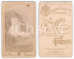 Fotografia d epoca originale 1900 ca TORINO Ritratto di bambino in poltrona Foto Giuseppe MOSSO CDV 1