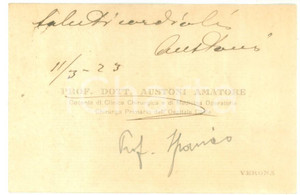 Autografo originale 1923 VERONA Biglietto da visita del chirurgo Amatore AUSTONI  Autografo 1