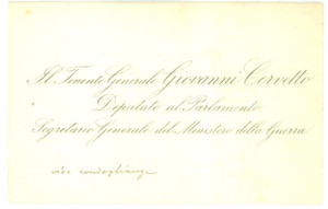 Autografo originale 1890 ca ROMA Condoglianze on. Giovanni CORVETTO Biglietto da visita autografo 1