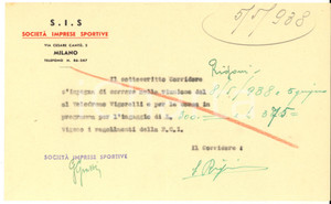 Autografo originale 1938 CICLISMO MILANO Velodromo VIGORELLI  Ingaggio Severino RIGONI  Autografo 1