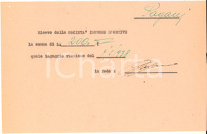 Autografo originale 1938 CICLISMO MILANO VIGORELLI  Ricevuta ingaggio Antonio PAGANI  Autografo 1