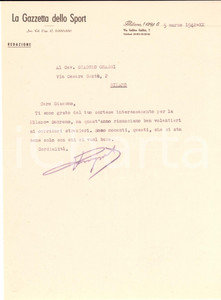 Manoscritto, lettera originale 1942 CICLISMO LA GAZZETTA DELLO SPORT Lettera su corsa MilanoSanremo in guerra 1