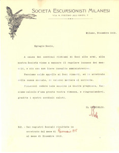 Manoscritto, lettera originale 1915 WW1 MILANO SocietÃ  Escursionisti Milanesi in crisi per richiamo alle armi 1