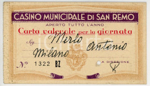 Oggetto da collezione cartaceo 1932 SANREMO CasinÃ² Municipale  Biglietto d ingresso VINTAGE 1