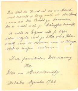 Autografo originale 1922 WIESBADEN Actress Ella VON MICHALKOWSKY  AUTOGRAPH RARE 1