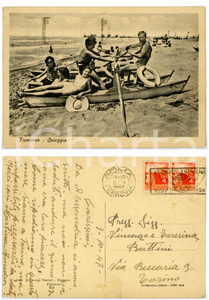 Cartolina originale da collezione 1947 FIUMICINO ROMA Famiglia in barca a remi sulla spiaggia Cartolina FG VG 1