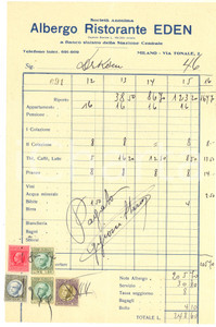 Documento originale, autentico 1940 MILANO Albergo ristorante EDEN  Fattura per soggiorno con marche da bollo 1