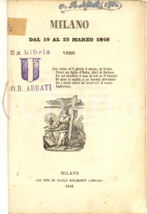 Libro, pubblicazione d epoca 1848 RISORGIMENTO Giambattista CREMONESI  Milano dal 19 al 23 marzo 1848 RARO 1