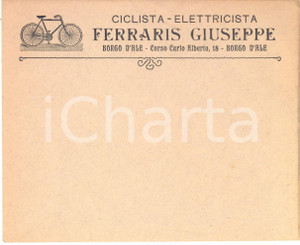 Materiale pubblicitario d’epoca 1910 ca BORGO D ALE VC Ciclistaelettricista FERRARIS Giuseppe  Busta VUOTA 1