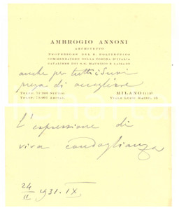 Autografo originale 1931 MILANO Architetto Ambrogio ANNONI  Biglietto da visita AUTOGRAFO 1
